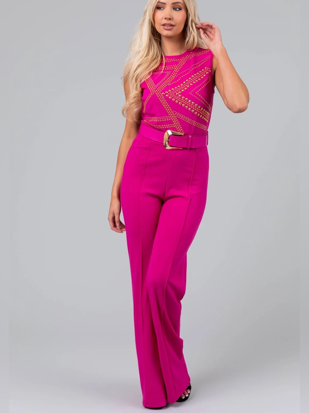 New Fuchsia pink High-Waist Wide-Leg Jumpsuit with gold Stud Details large